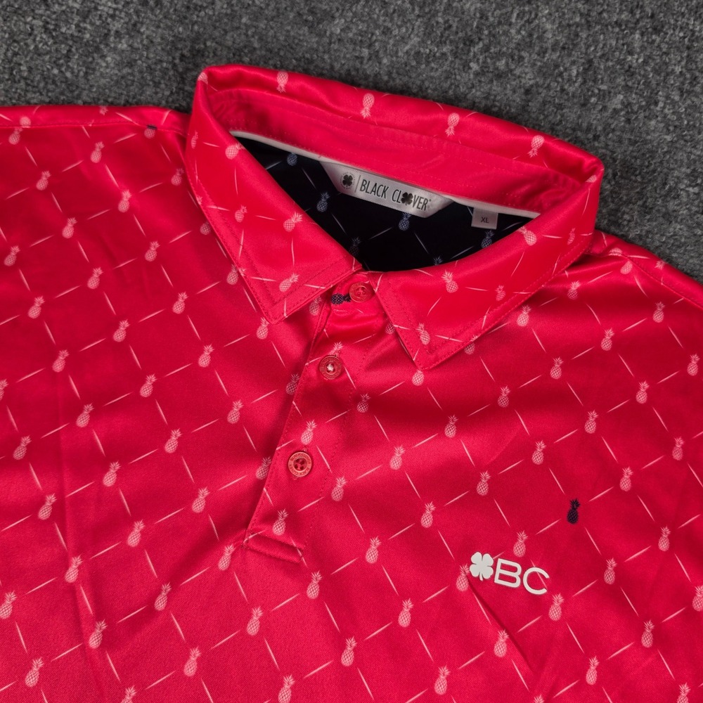 Black Clover Golf Polo Mens XL Red Pineapple Print Performance BC Logo